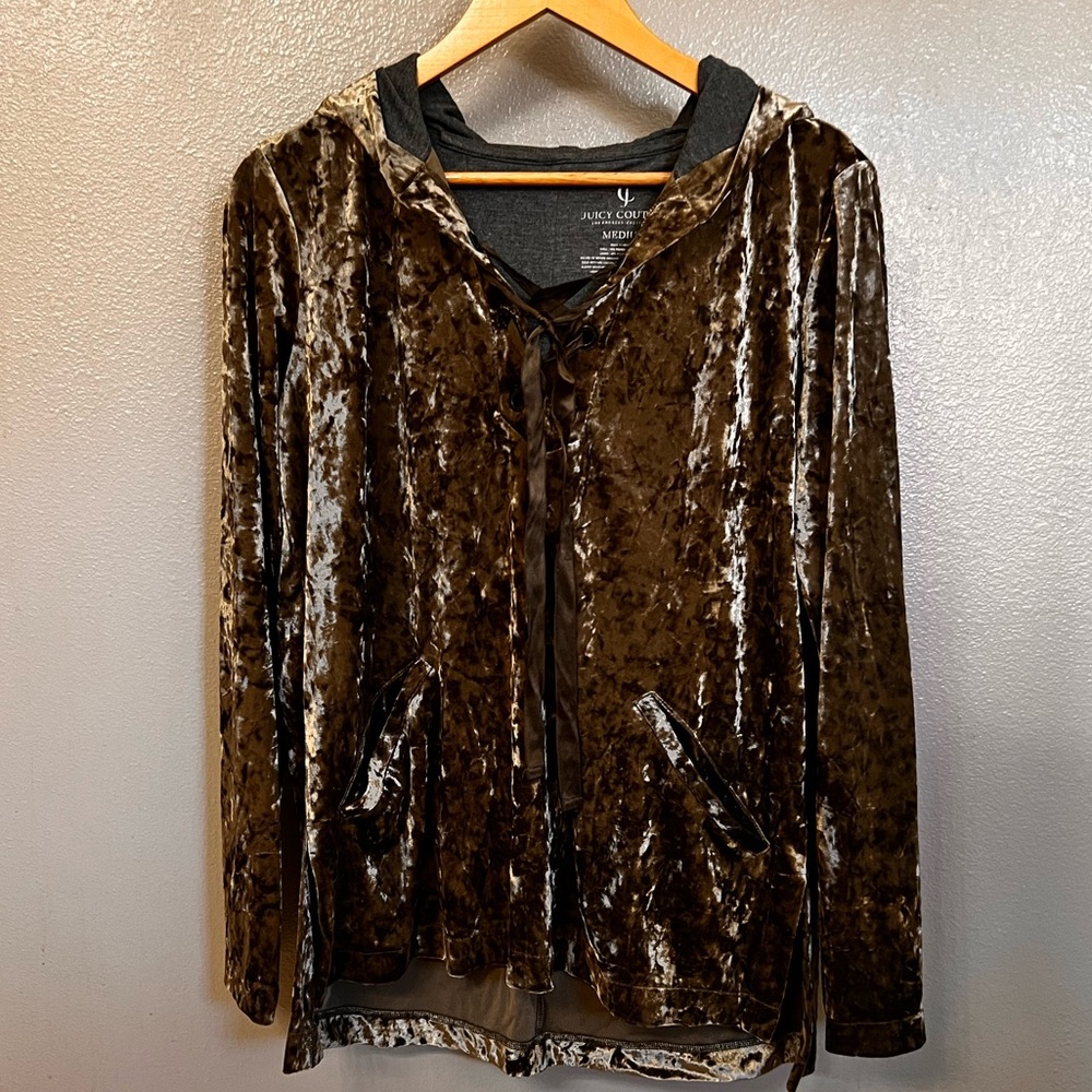 Juicy Couture Army Green Crushed Velvet Hooded Jacket